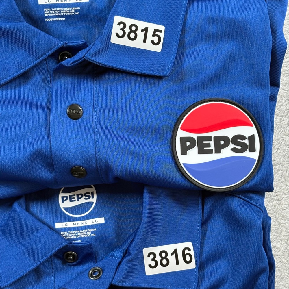 PEPSI PVC Logo Patch Employee Performance Polo Blue Work Uniform Mens Large - Picture 10 of 10